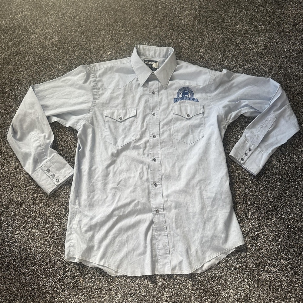 Wrangler Shirt Mens Large Blue Reno Rodeo Cowboy Cut Western Snap Embroidered
